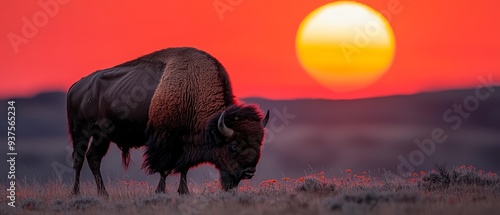  A large buffalo atop a dry grass field, beneath an orange and red sunset sky