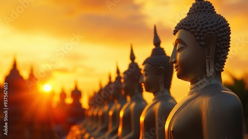 Many Statue buddha image at sunset in southen of Thailand , ai