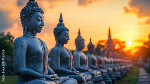 Many Statue buddha image at sunset in southen of Thailand , ai