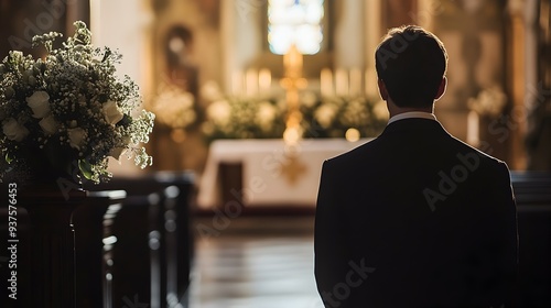 A groom dressed in a smart formal suit stands at the altar of a grand elegant church