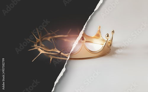 The reversal of the crown of thorns and the crown symbolizing suffering and trials, and the background of the Holy Week poster signifying the death and resurrection of Jesus 