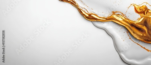  A golden liquid pours from a bottle onto a white and golden surface, speckled with flecks of gold