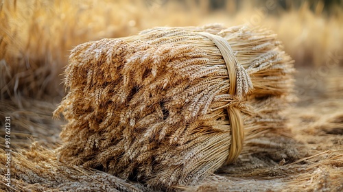 Wheat sheaves tied together in a field, Main keyword wheat, Concept traditional farming methods