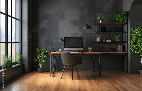 home office with wooden floor, black wall and industrial desk with computer,workspace