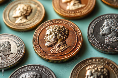 A set of ornate imperial coins, isolated on a pastel mint background, representing the currency and economy of an empire,