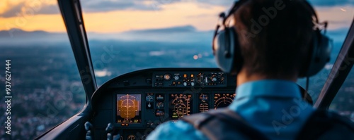 A pilot navigates a helicopter at sunset, showcasing the cockpit controls and stunning landscape views.