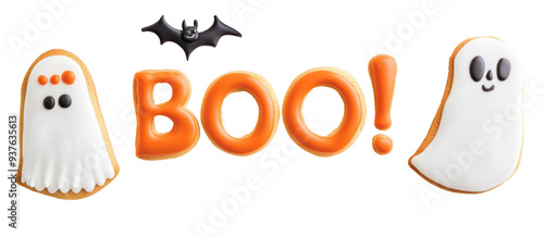 A Halloween illustration featuring spider webs, bats, and the word "Boo!!" in bold black letters. Dark and spooky atmosphere.