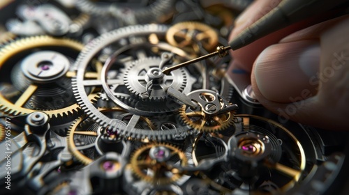 Fingers delicately adjust the detailed gears of a timepiece, emphasizing the concentration and precision required in watchmaking.