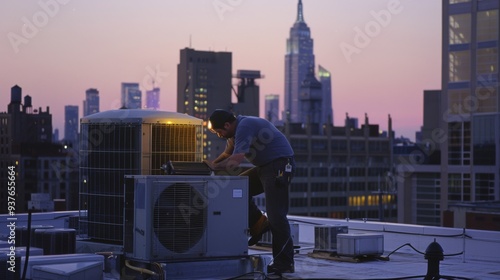 A technician works on a rooftop HVAC system at sunset with the city skyline in the background, highlighting urban maintenance and dedication.