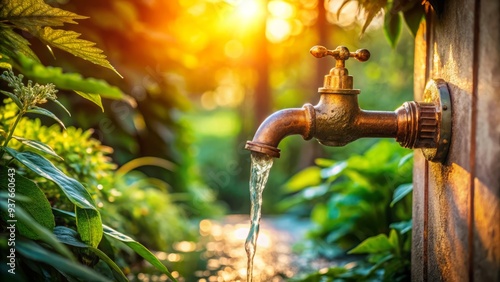 rustic nostalgia drips from worn copper faucet as clear water flows amidst surrounding verdant foliage evoking sentimental longing in warm golden afternoon light