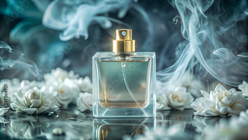 mock up square white perfume bottle with beautiful smoky view, Ai generated Images