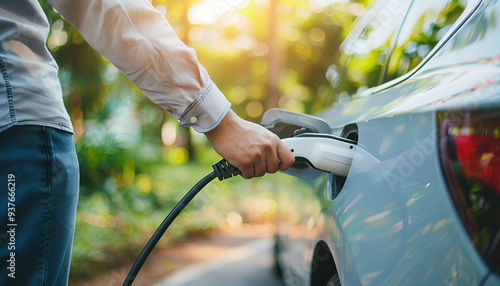 Electric car or ev is charging at station . man use the white power cable and plug on nature background