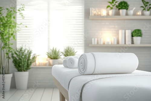 a massage room with white towels and plants