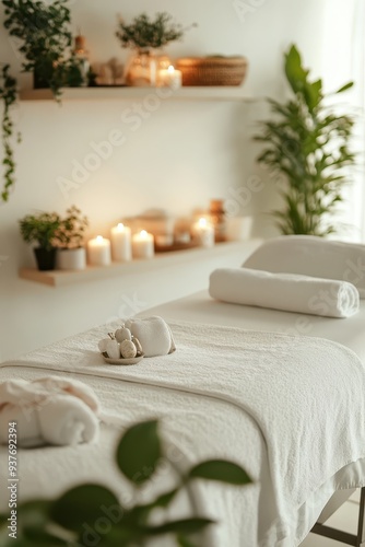 a massage room with white towels and plants