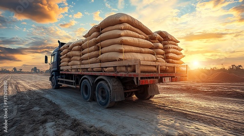 A flatbed truck loaded with bags of soybean meal, Main keyword soybean meal, Concept agricultural transport