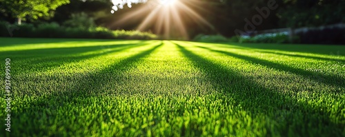 Freshly cut lawn with stripes, Main keyword grass, Concept suburban perfection