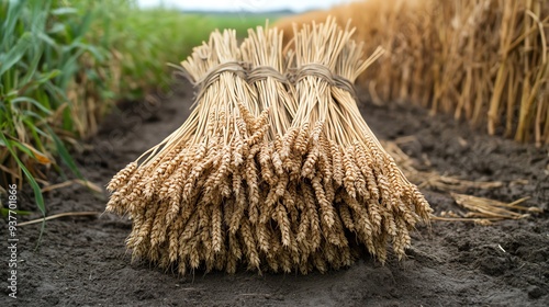 Wheat sheaves tied together in a field, Main keyword wheat, Concept traditional farming methods