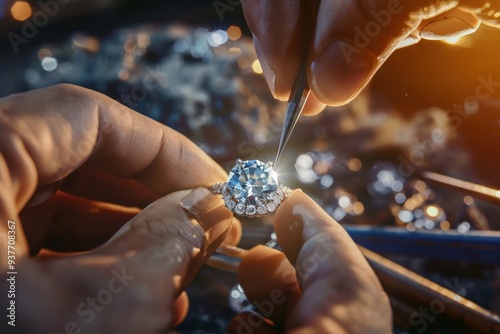 Close-up on paleontologist extracting insect from amber magnifying glass and specimens. Beautiful simple AI generated image