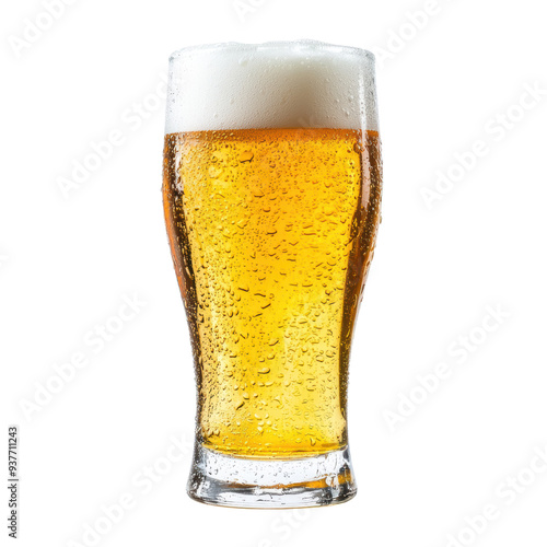 A cold beer glass filled with frothy refreshing lager with condensation droplets