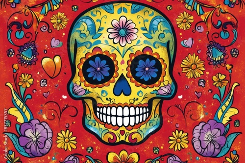 a colorful sugar skull on a red background