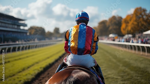 Stock Photo of Jockey in Colorful Uniform Riding Horse on Racetrack - Close-Up View from Behind with Spectators and Blue Sky Background