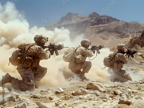 Soldiers advancing through a cloud of dust in a rugged terrain during military operations in a desert environment