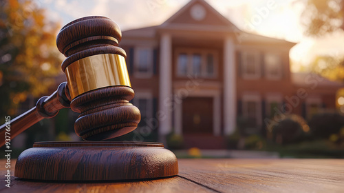 Photo of a wooden gavel on a table with a blurred house in the background. Real estate auction and foreclosure concept