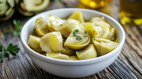 Delicious marinated artichoke hearts served in a white bowl on a rustic wooden table with olive oil in the background