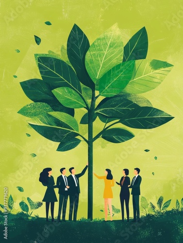 Business Growth and Sustainability: A Team of Professionals Standing Beside a Lush Tree - This illustration depicts a team of professionals standing beside a large, lush tree, symbolizing their commit