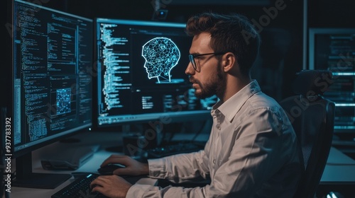 A programmer working on a machine learning project, fine-tuning algorithms and analyzing data to improve AI capabilities and accuracy in real-time