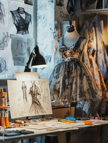 Fashion Design Studio with Dress Mannequin and Sketches - A fashion design studio with a dress on a mannequin, sketches on the wall and a drawing on an easel, symbolizing creativity, inspiration, arti