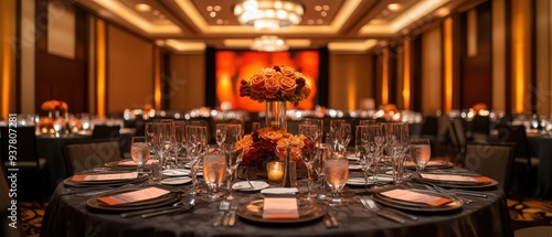 Elegant banquet setup featuring beautifully arranged tables, floral centerpieces, and a warm ambient glow for a special event.