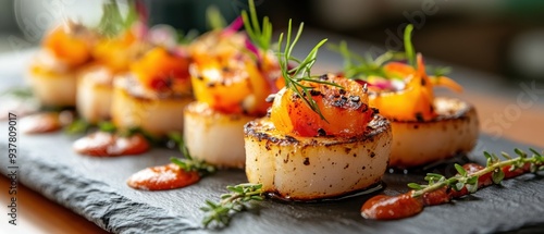 A beautifully arranged plate of seafood scallops garnished with herbs and sauce, ideal for gourmet dining or culinary presentations.