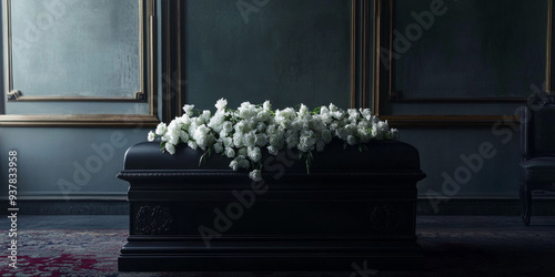 A black casket beautifully adorned with white roses in an elegant, dark room, evoking a sense of solemnity and reverence. 