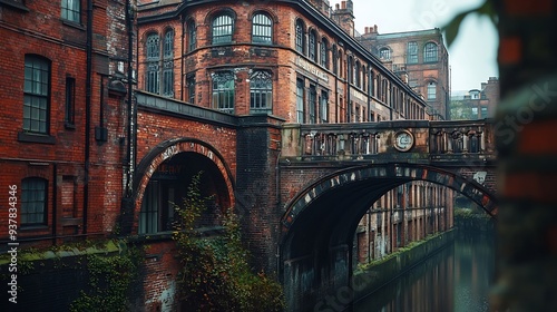 Arcaded upper storey of Victorian brick building in central Manchester near Rochdale Canal with bridge in foreground : Generative AI