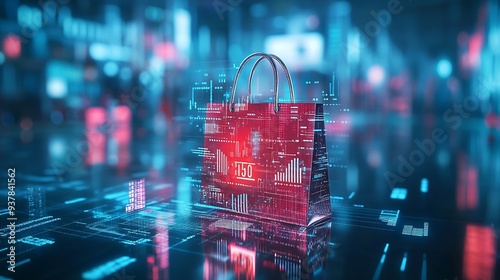 Image of financial data processing over shopping bag Global shopping business finance computing and data processing concept digitally generated image : Generative AI