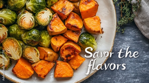 A plate of roasted Brussels sprouts and sweet potatoes, text "Savor the flavors" written in a chalky font on a serving dish