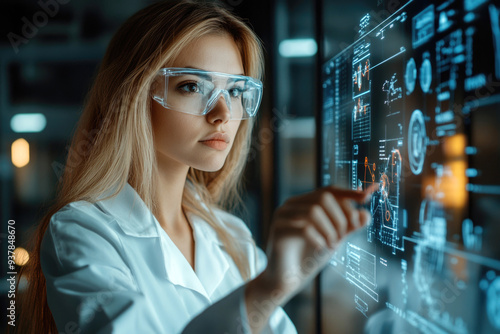 Focused engineer in lab coat and safety glasses interacts with a high-tech transparent screen filled with data and graphics.