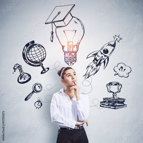 Businesswoman thinking about education and success concepts on a white wall.