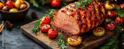 A beautifully glazed holiday ham served on a wooden board, accompanied by roasted vegetables and garnished with fresh rosemary, creating a festive meal. 