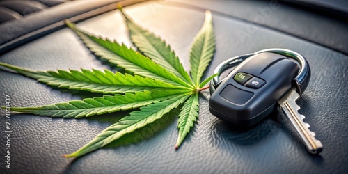 A cannabis leaf rests on a car's console, surrounded by car keys, symbolizing the dangers of driving under the influence and illegal drug transportation.