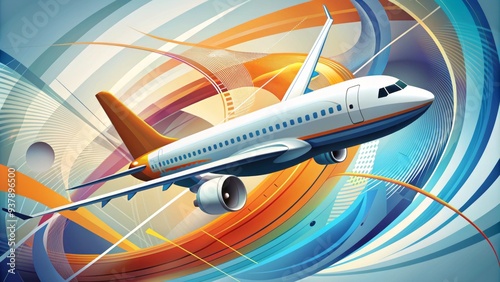 Abstract Airplane Design Graphic; Stylized Air Travel Icon With Curves, Angles, And Modern Typography