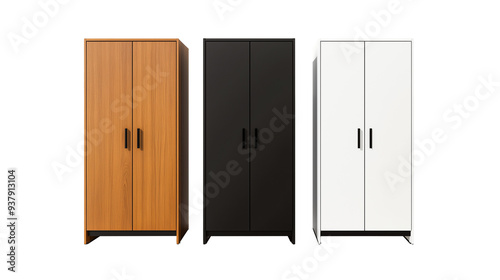 Three storage cabinets in different colors arranged separately isolated white or transparent background