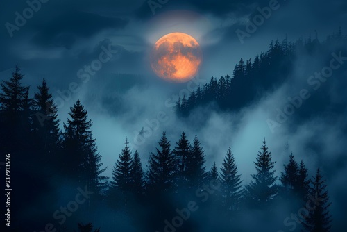 The full moon shone through dark clouds, silhouetting pine trees, in a foggy atmosphere with soft light and an overcast sky forming a forest background for an evening of tranquil mood