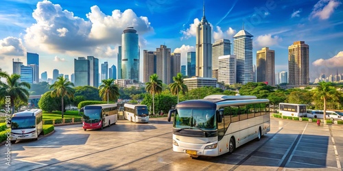 A tourist bus parked at a bustling terminal, with blurred background and sharp focus on the bus, capturing a moment of travel in a vibrant Indonesian cityscape.