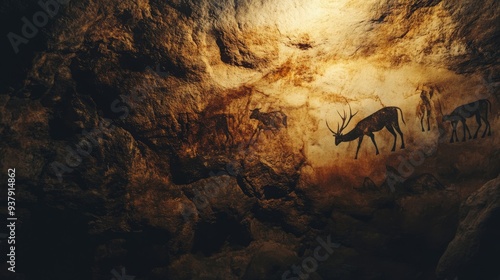 Dimly Lit Cave Interior: Prehistoric Cave Paintings of Ancient Wildlife