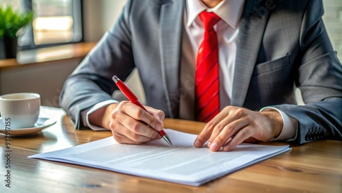 Business professional reviewing employment agreement documents at modern office desk, highlighting important clauses and terms with a red pen, close-up shot.