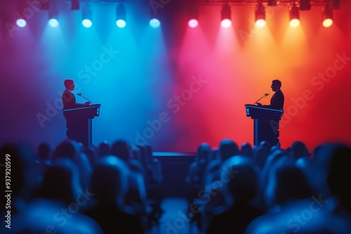 Two silhouetted figures debate on stage against dynamic background of vibrant red and blue colors, representing political opposition pre election debates for presidency