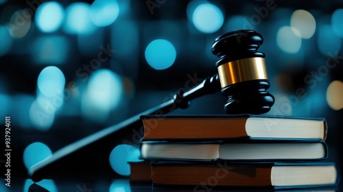 A close-up view of a gavel resting on law books with a soft bokeh background, symbolizing justice and legal authority.