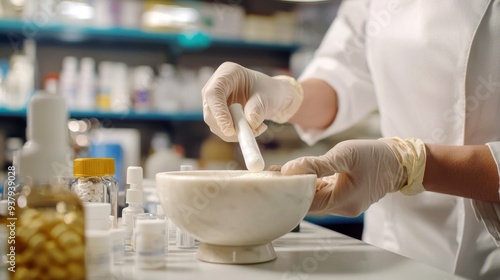 A pharmacist prepares compounded medication using a mortar and pestle in a clean, professional pharmacy lab, emphasizing precision in custom pharmaceutical preparations.